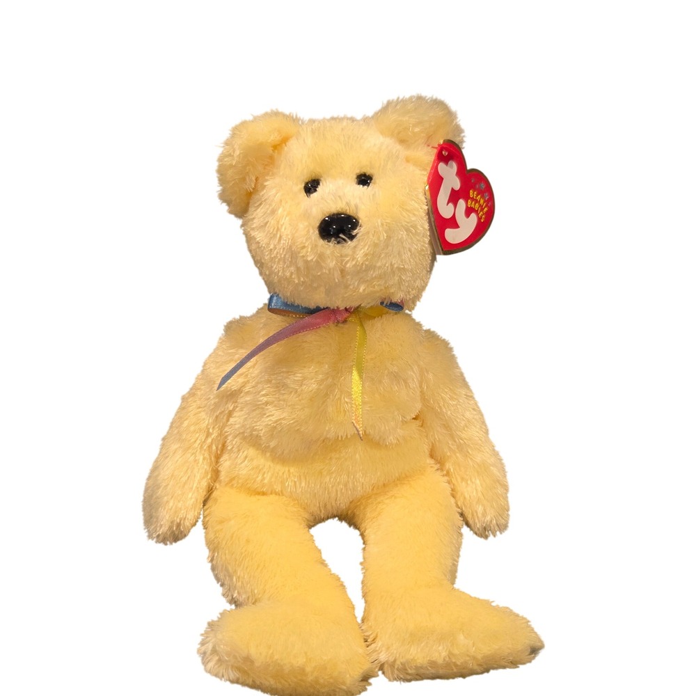 Ty Beanie Babies Sherbet Bear Plush Yellow Excellent Condition Rainbow Ribbon